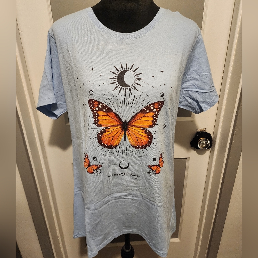 Light Blue T-Shirt with Orange Butterfly Design
